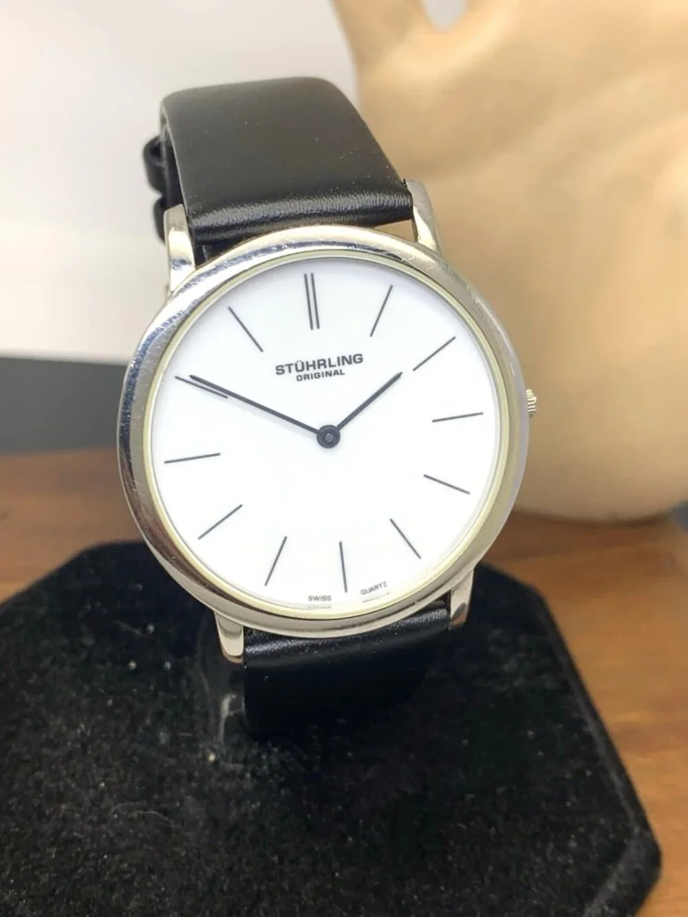Stuhrling Mens Watch Swiss Quartz White Dial Silver Case Black Leather Band 38mm